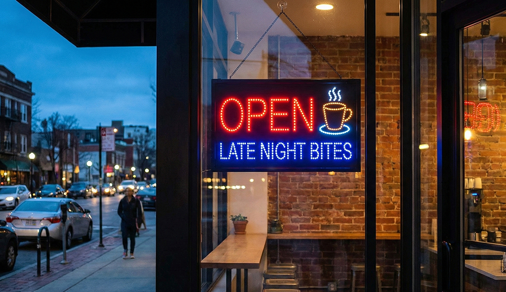 LED coffee shop sign showcasing modern illuminated storefront signage